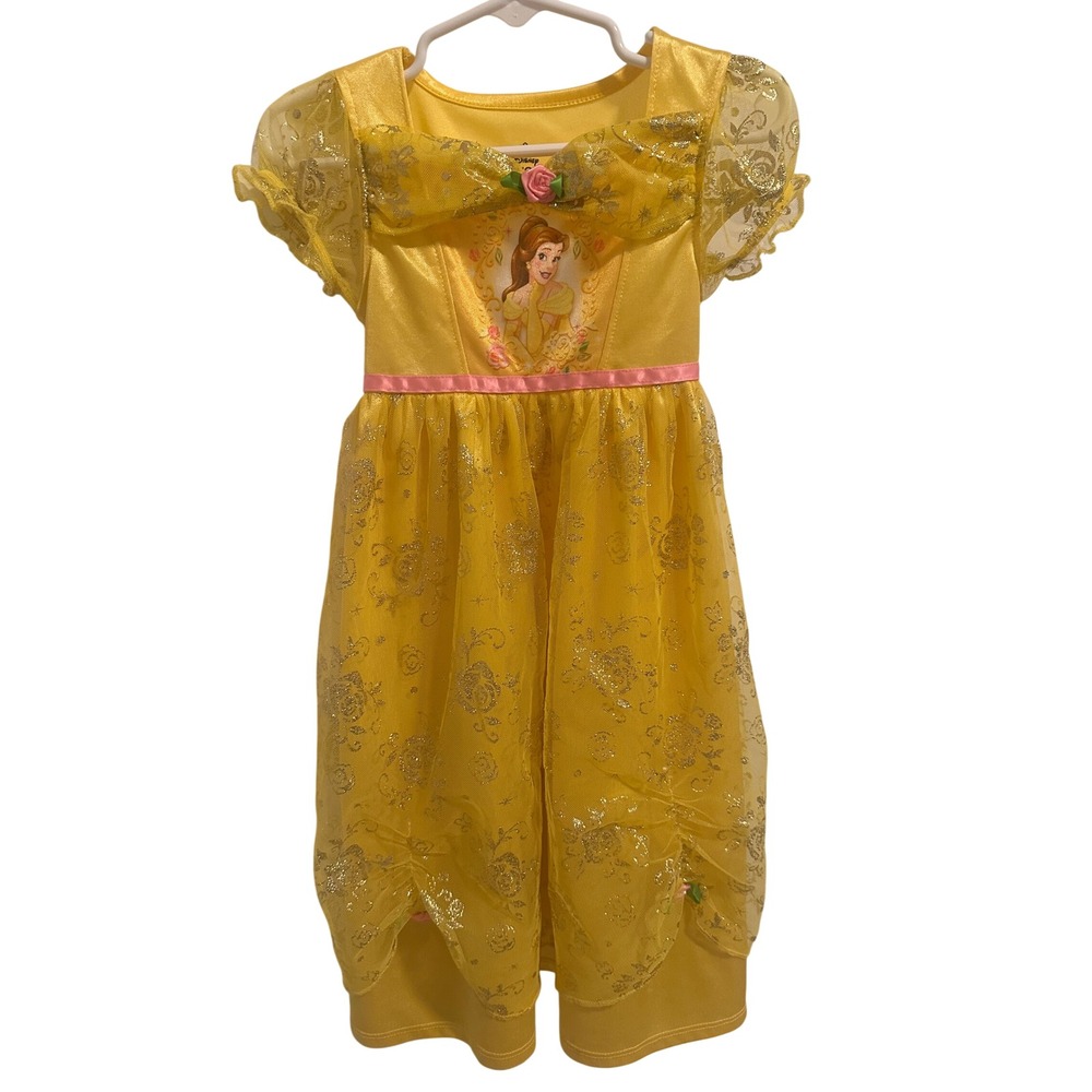 Disney Princess Belle Nightgown Kids 3T Yellow Excellent Gold Foil Rose Tulle